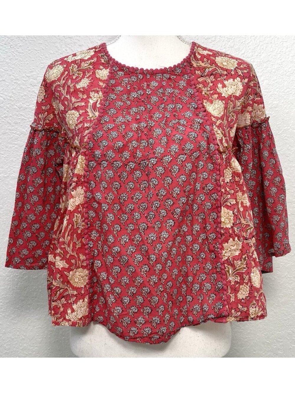 RACHEL ZOE Womens SMALL Pink Floral Patchwork Boho PEASANT TOP Relaxed EUC